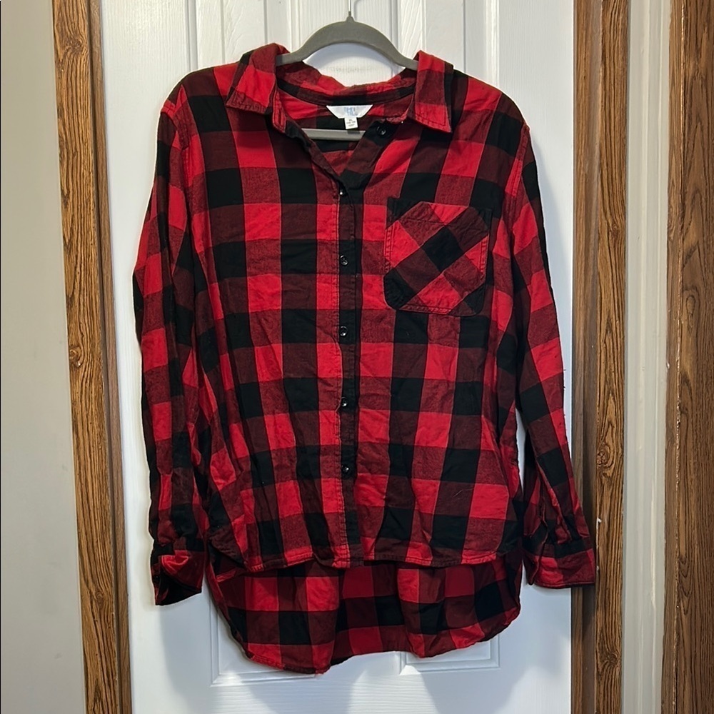 Time and Tru Red and Black Plaid Button Down Shirt